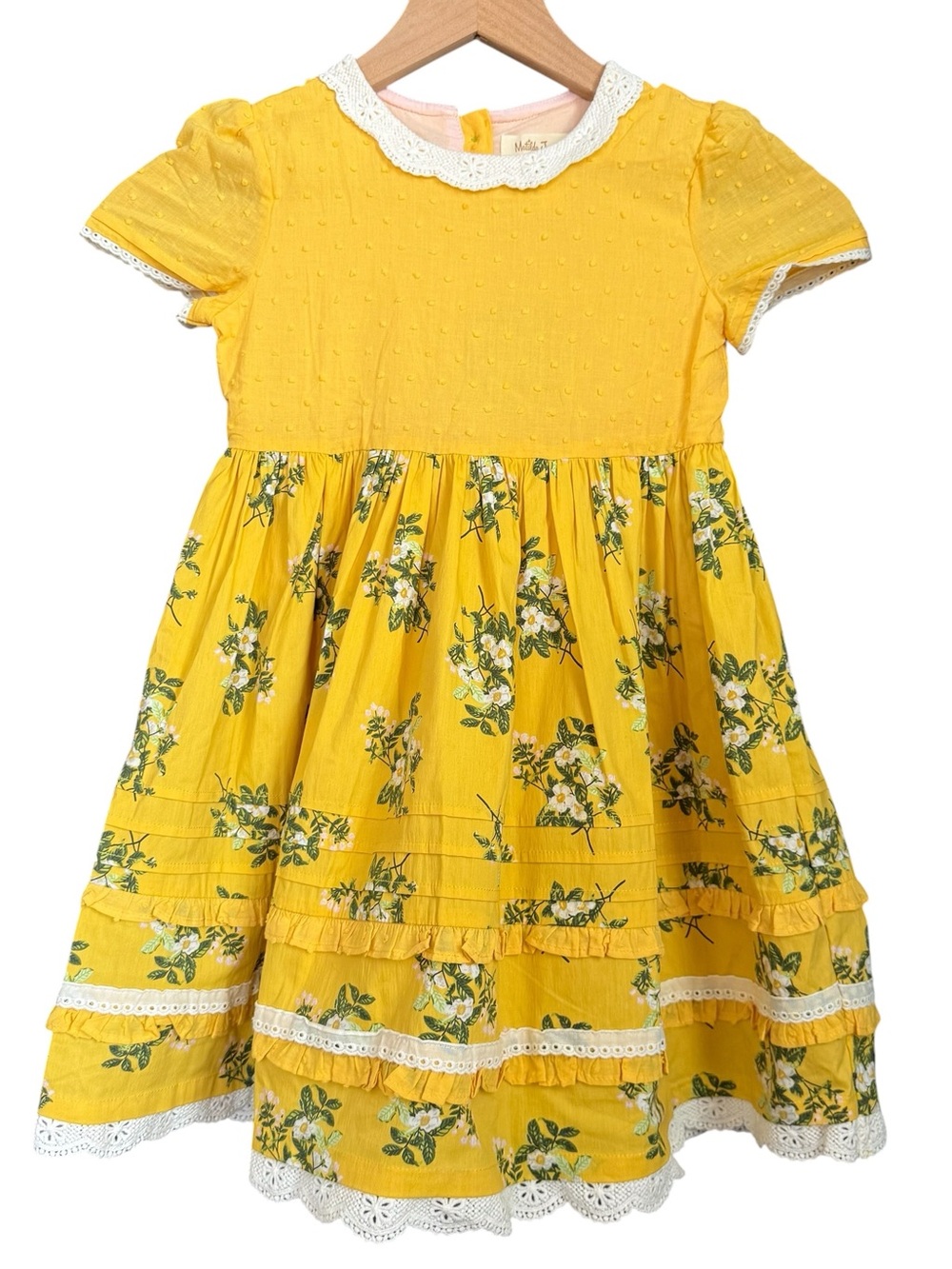 Matilda Jane NWT Yellow Floral Lace-Trim Tiered Girls' Dress with Button Back - Picture 7 of 15